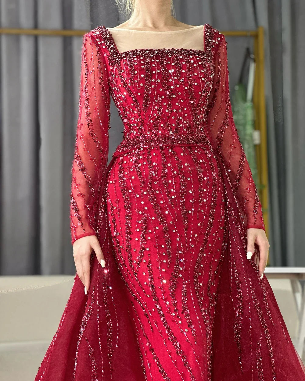 Vestidos de noche árabes de sirena con sobrefalda y cuentas, de lujo, para ocasiones formales, LA72710