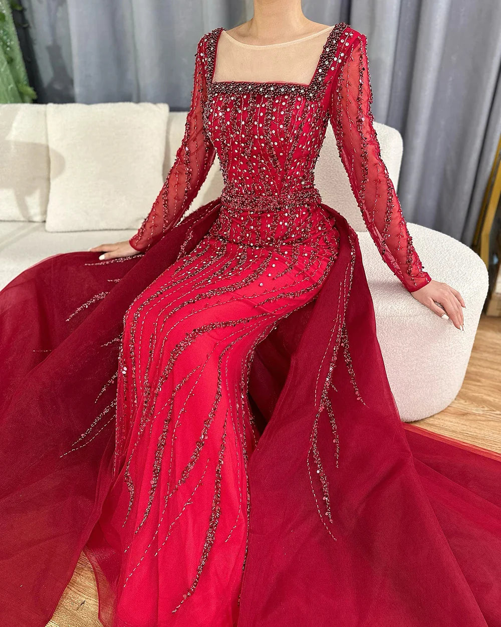Vestidos de noche árabes de sirena con sobrefalda y cuentas, de lujo, para ocasiones formales, LA72710