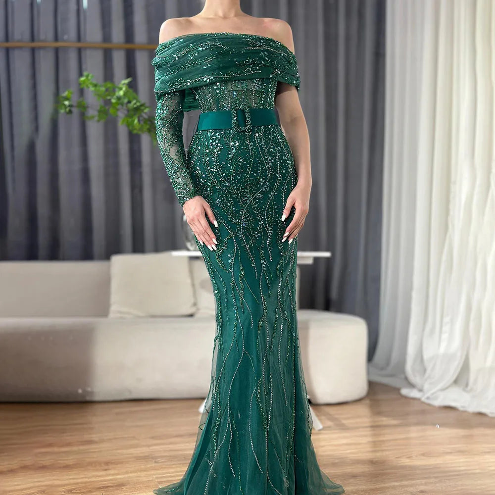 Vestidos de noche de lujo estilo sirena árabe con un solo hombro y cuentas, estilo Dubái, para mujer, para boda, fiesta, 2025, LA72161