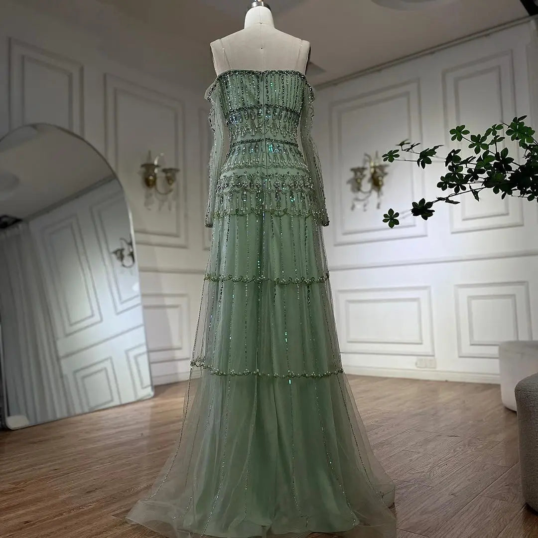 Vestido de noche de lujo estilo sirena, verde salvia, árabe, de Dubái, sin tirantes y con cuentas, para mujer, para boda 2025, LA72350