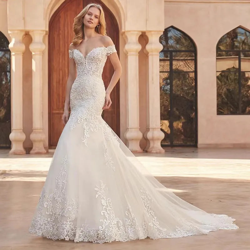 Mermaid Wedding Dress Off The Shoulder Vintage With Lace Embroidery Vestido De Noiva Sexy V-Neck Vestidos De Novia-payinti
