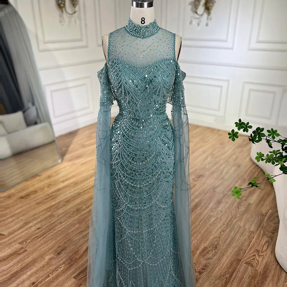 Vestido de noche árabe largo de lujo con mangas abullonadas, estilo sirena, con cuentas, color rosa de Dubái, para mujer, para fiesta de bodas LA71992A