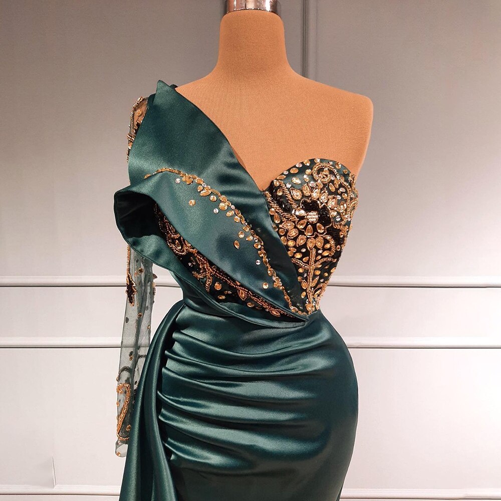 Vestido de noche de satén verde con un solo hombro, corte sirena con cuentas, elegante, de lujo, para mujer, fiesta, LA71541