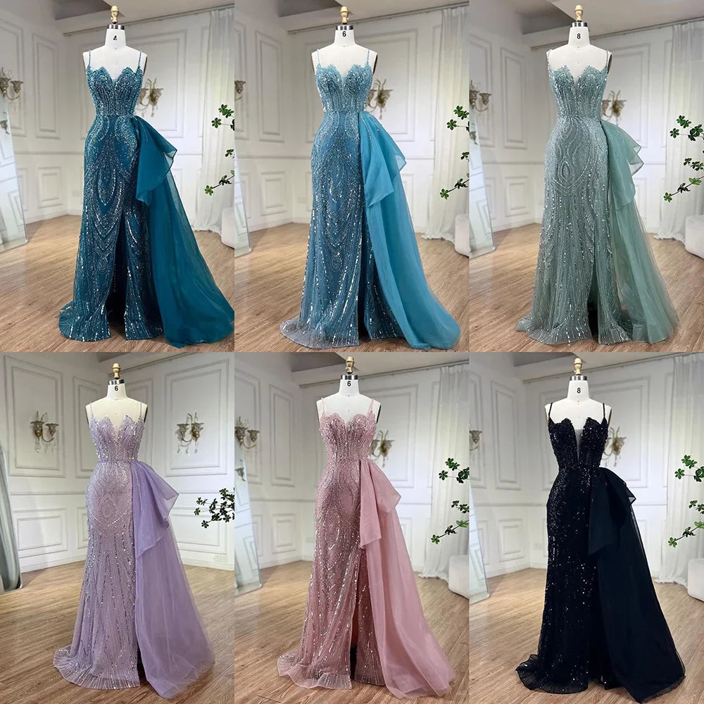 Himmelblau Spaghetti Strap Luxus Abendkleider Kleider 2025 Meerjungfrau Perlen Elegante Überrock Für Frauen Party LA72378