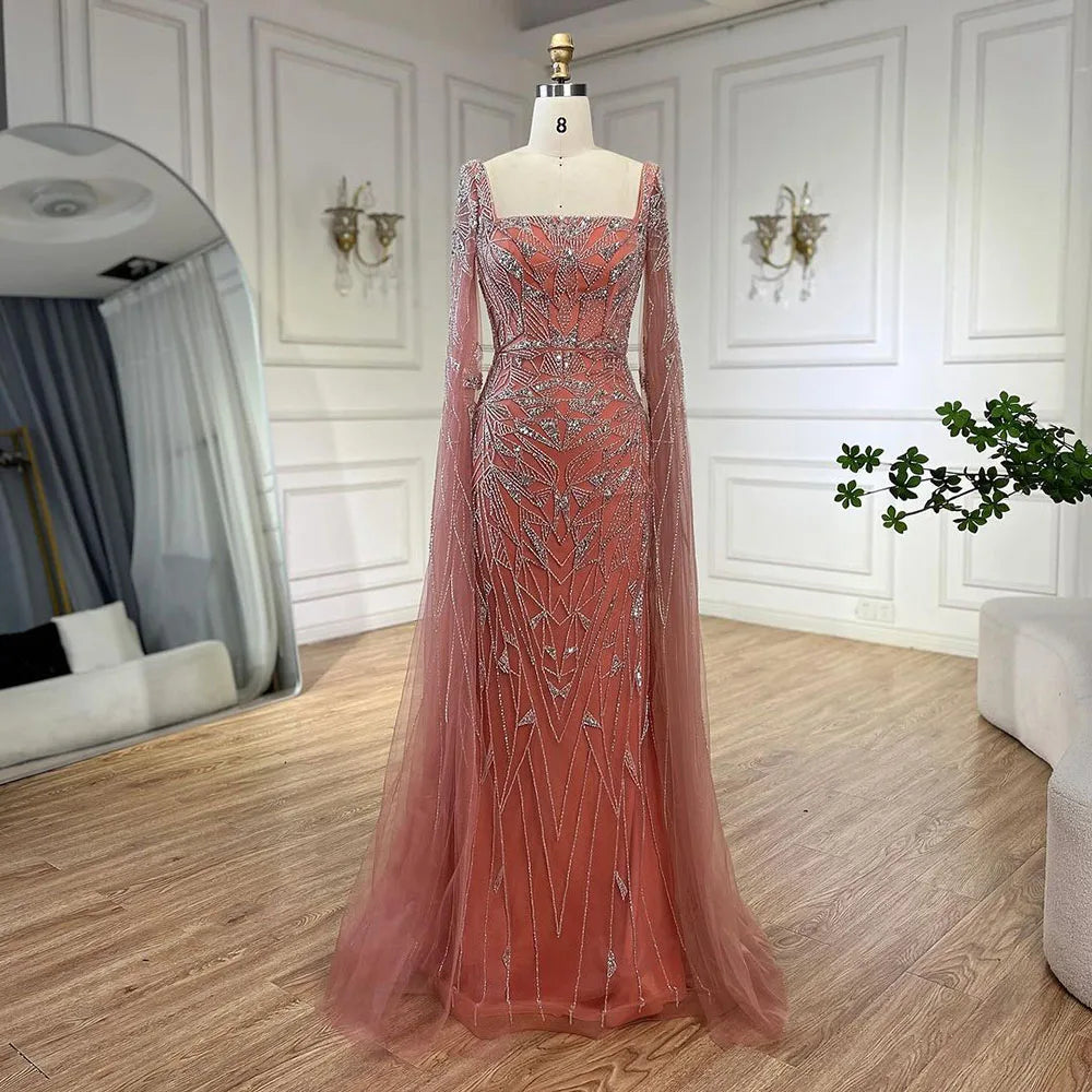Vestidos de noche de lujo en rosa nude con mangas estilo capa LA72261