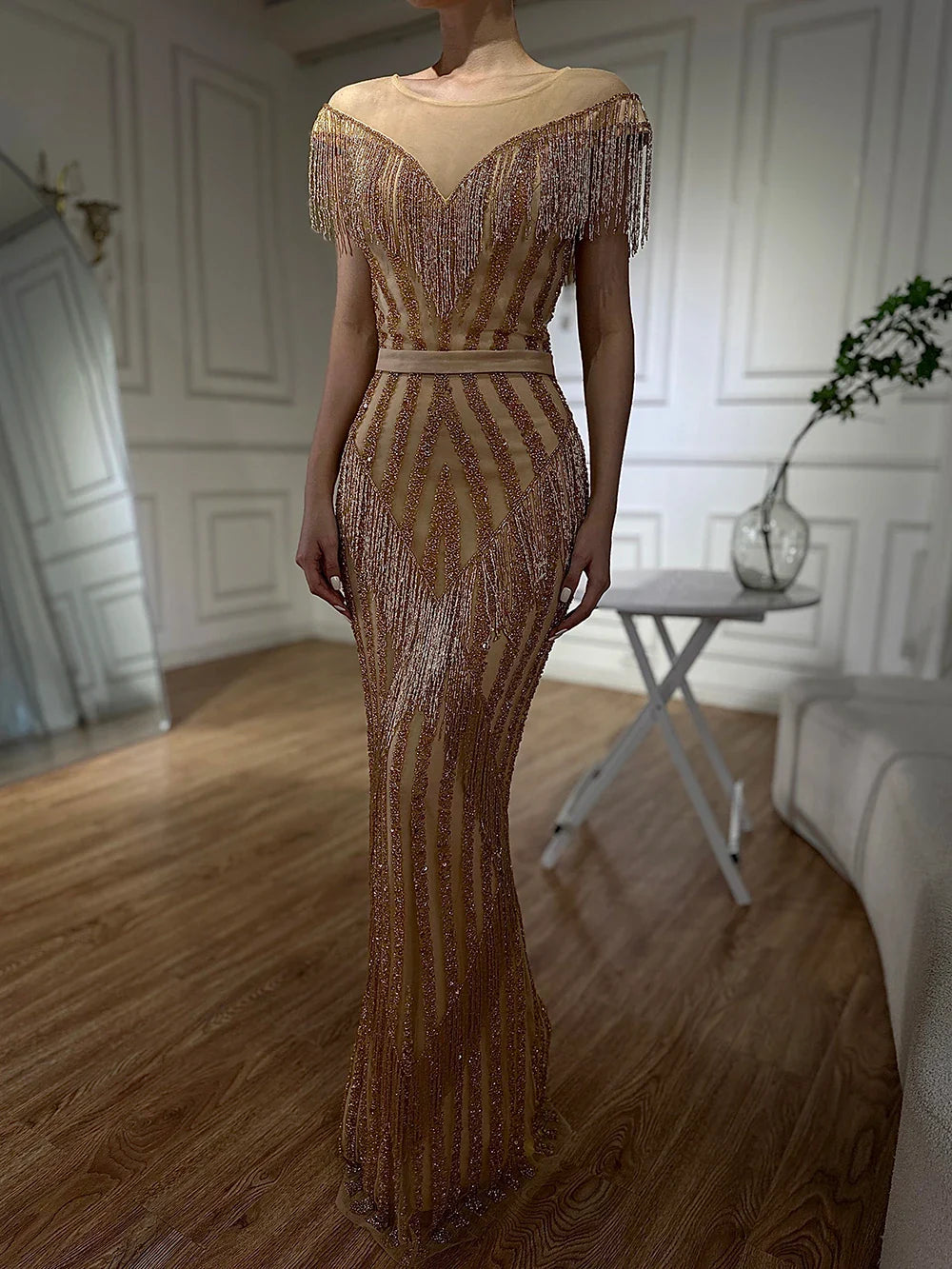 En oferta, sin devolución ni reembolso. Vestidos de noche elegantes de sirena sin mangas de lujo dorados con brillo LA6543.