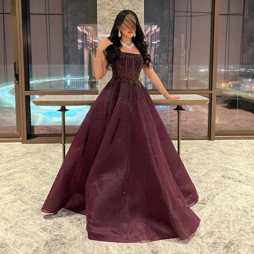 Vestido de noche morado de lujo cuadrado para fiesta LA72857