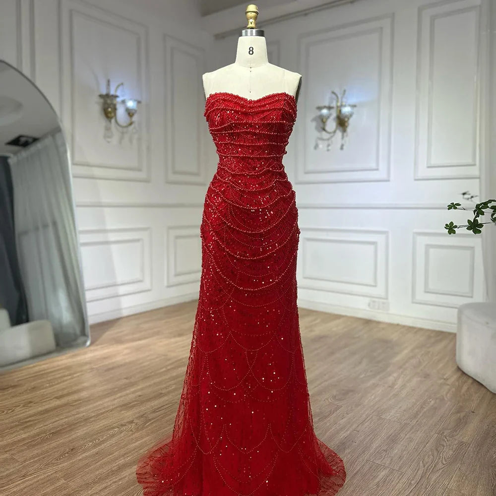 Vestido de noche largo estilo sirena con perlas y capa roja, ideal para ocasiones formales (2025, LA72585A)