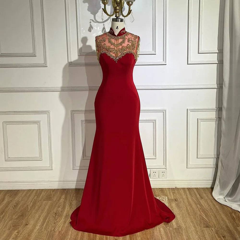 Elegante vestido de noche árabe de sirena color vino tinto con cuentas de satén de lujo estilo Dubái para mujer, vestido de fiesta de boda 2025 LA72556