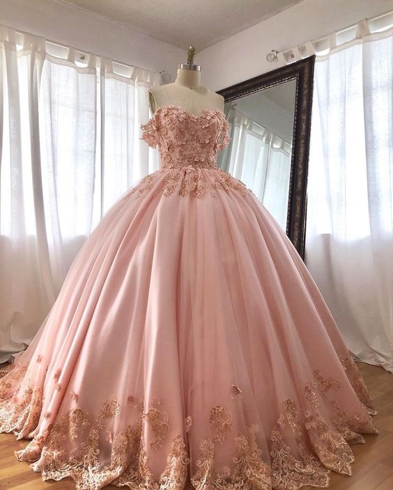 Rosa bestickte Spitze Quinceanera Kleider Ballkleider langes Abendkleid S15407