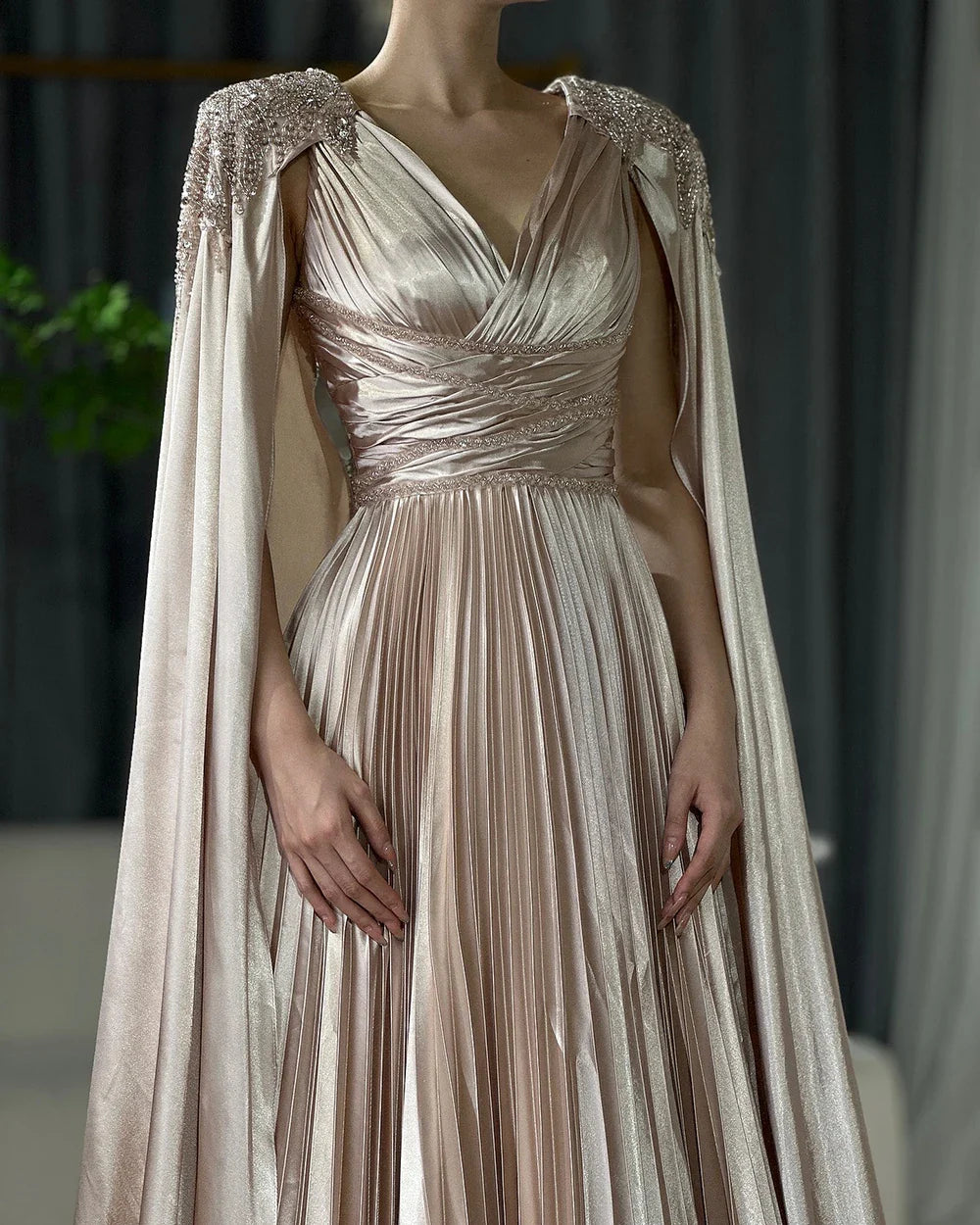 Rose Gold Beaded Satin A-Line Evening Dress Gown with Cape Sleeves LA72663