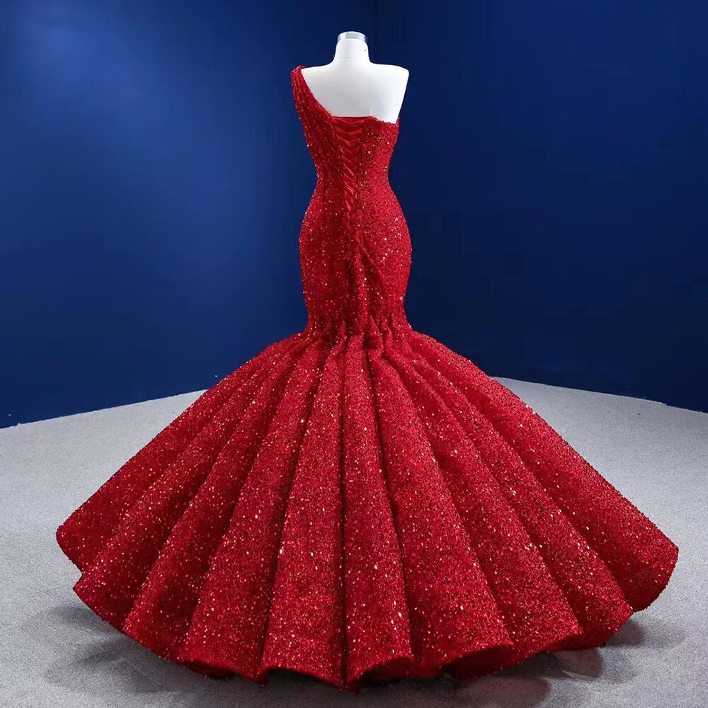 Vestidos de noche rojos de lujo con un solo hombro, lentejuelas y cuentas, sirena, elegantes vestidos de novia para fiesta, HM67447