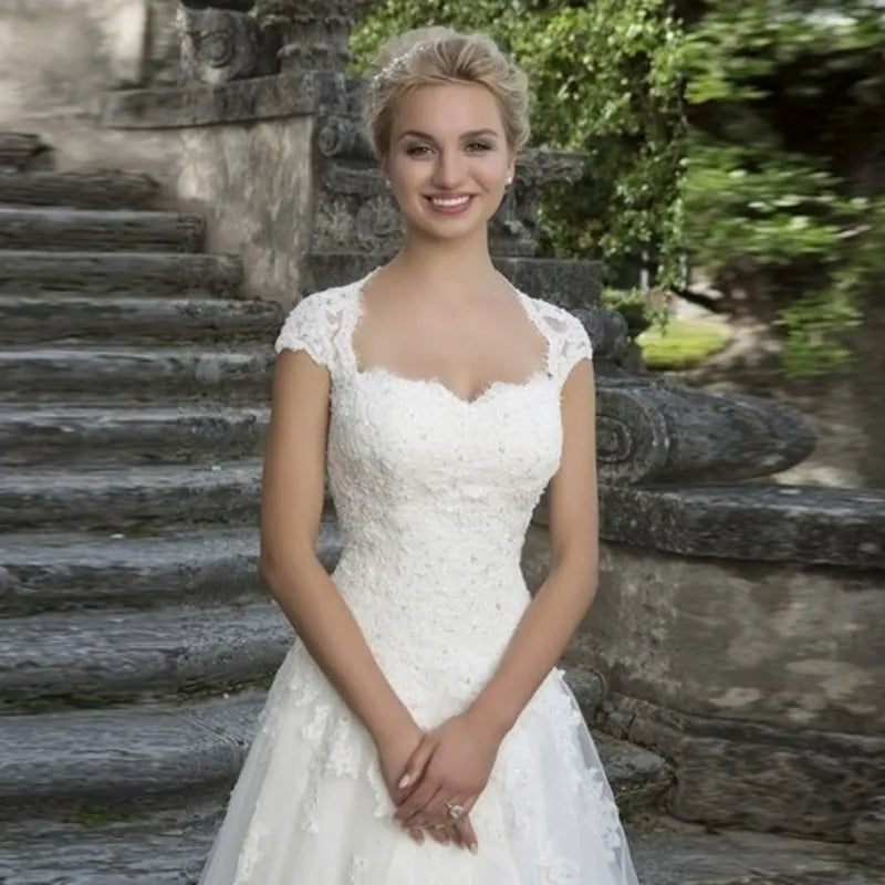 Cap Sleeve Wedding Dresses Amazing Neck Vestidos De Novia Appliques Vestido De Noiva Lace Robe De Mariée-payinti