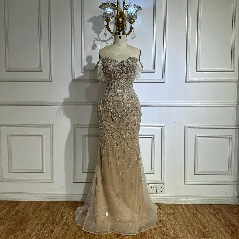 Nude Beaded Mermaid Evening Gown with Feathered Detail for Formal Occasion 2025 LA72818