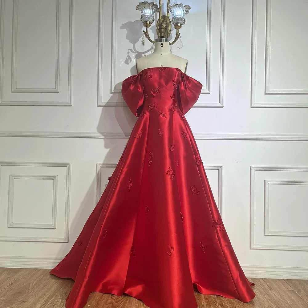 Elegantes schulterfreies rotes Abendkleid mit 3D-Blumen LA72778