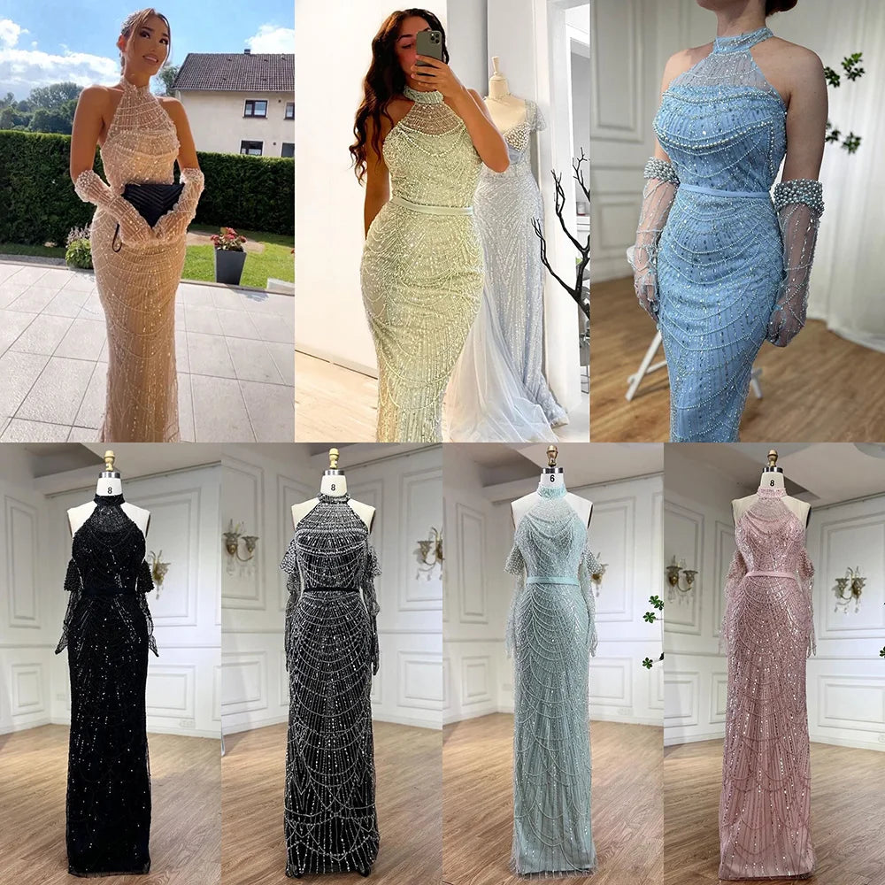 Vestidos de noche de lujo de Dubái Arabia 2025 para mujer, corte sirena color piel con guantes para bodas LA72032A