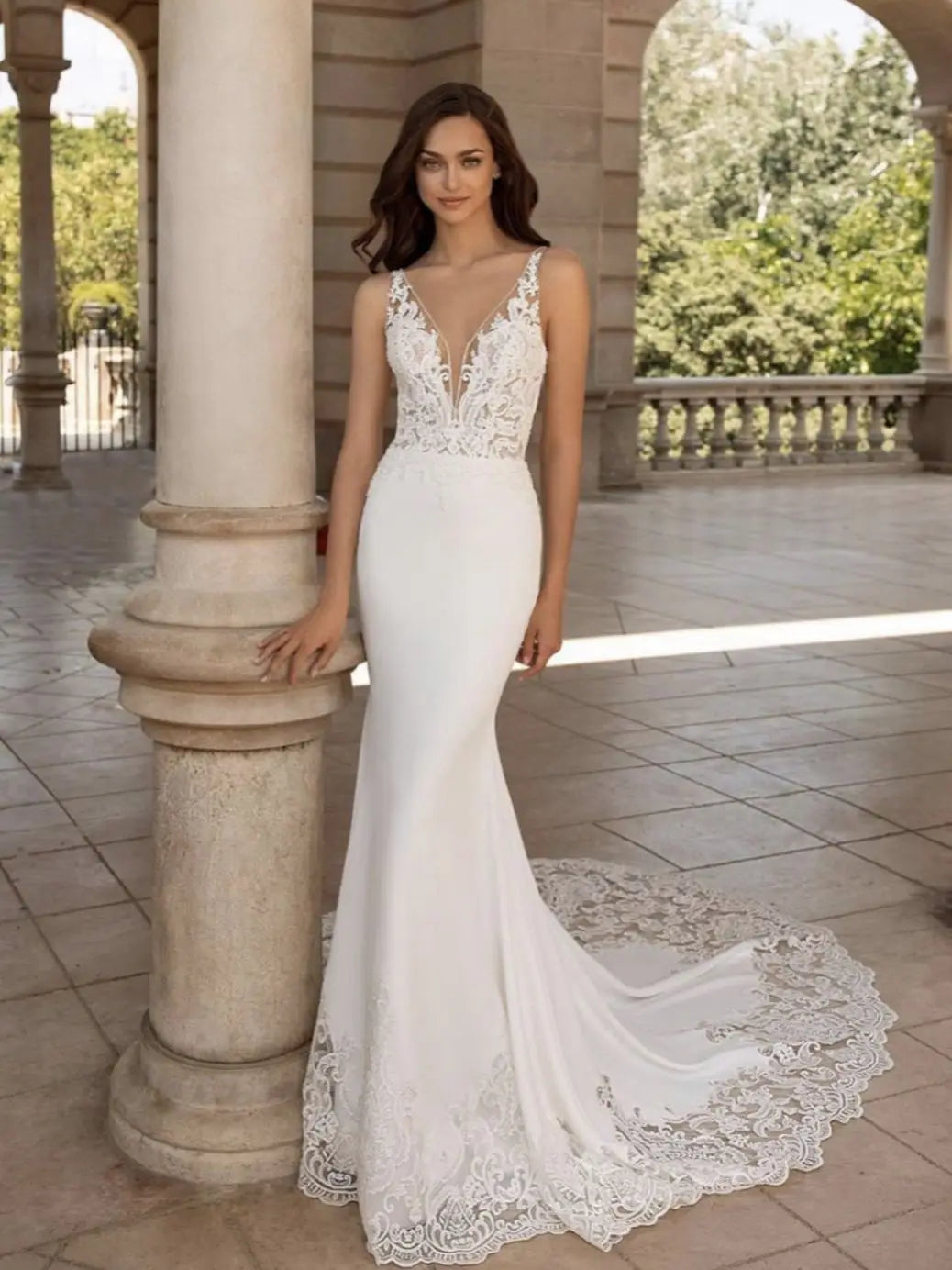 Brush Train Mermaid Wedding Dresses Sexy Depp V-neck Vestidos De Novia Sleeveless Appliques Vestido De Noiva-payinti