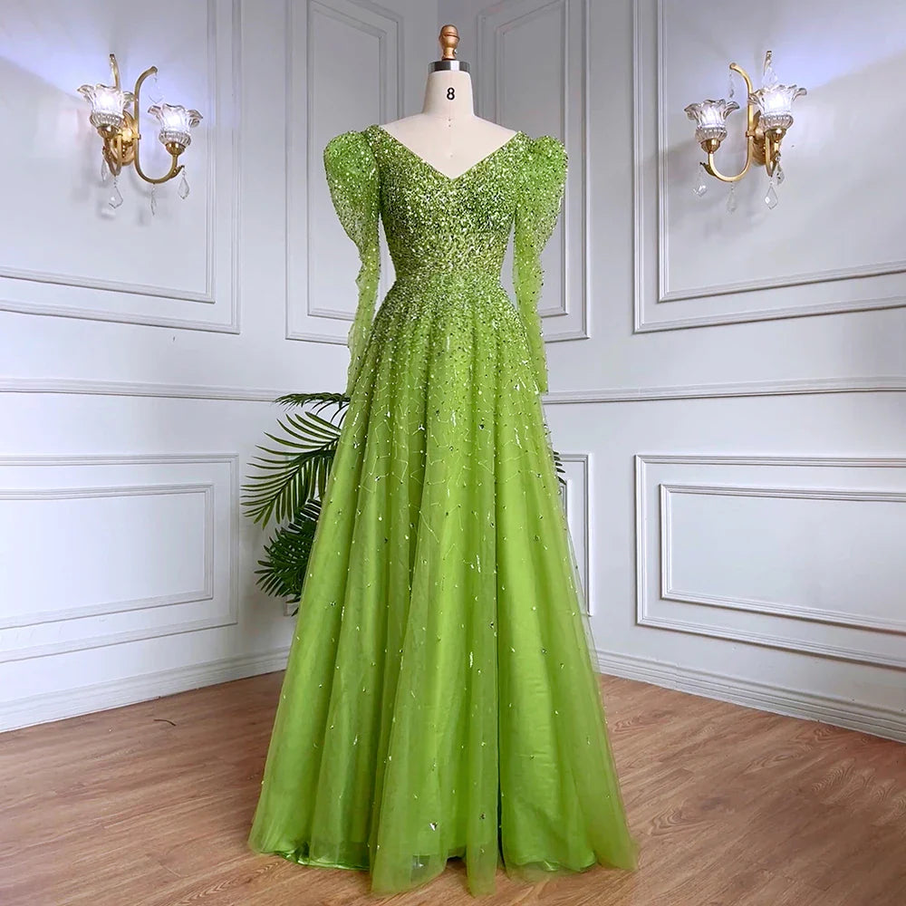 Grünes Meerjungfrauen-Abendkleid mit Perlenbesatz und Rockärmeln LA71762