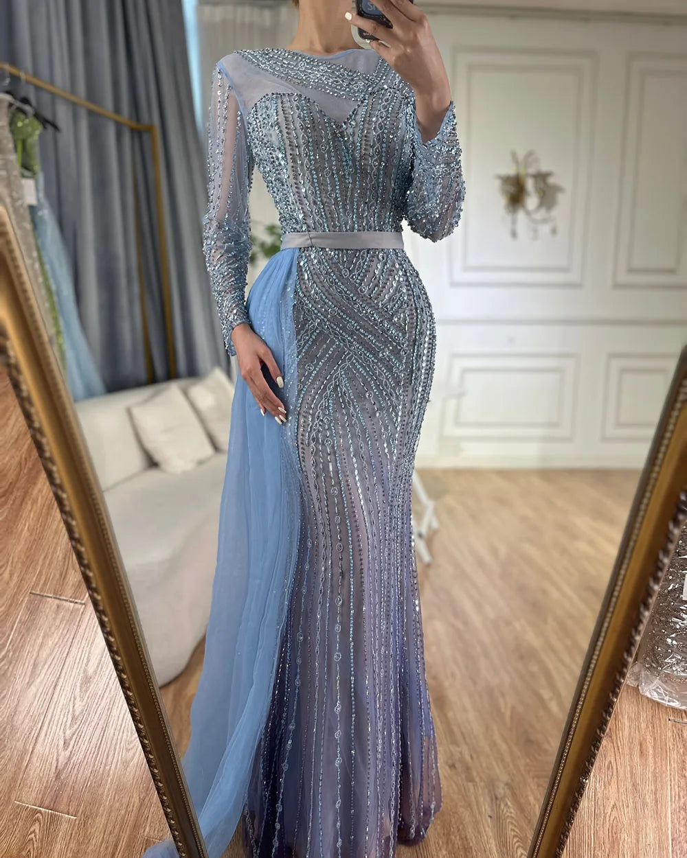 Muslim Gold Mermaid Elegant Beaded Luxury Dubai Evening Dresses Gowns For Women Wedding Party 2025 LA71429