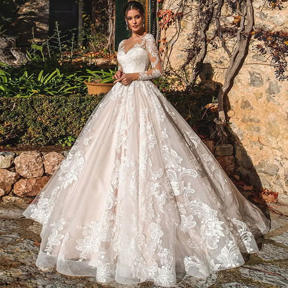 Luxury Ball Gown Vestidos De Novia Appliques Vestido De Noiva Long Sleeve Wedding Dresses Lace Robe De Mariée-payinti