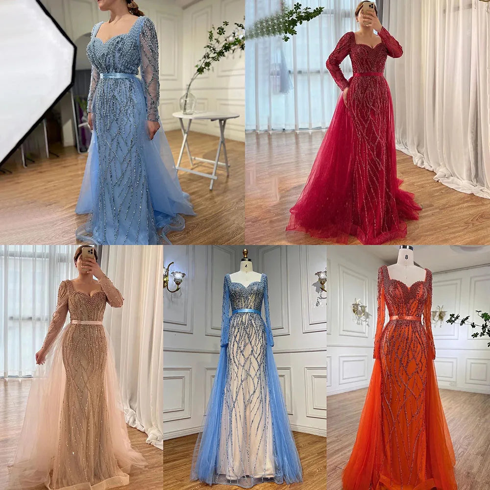 Vestido de noche elegante árabe con cuentas y perlas de lujo de sirena azul para mujer, fiesta de bodas LA71861