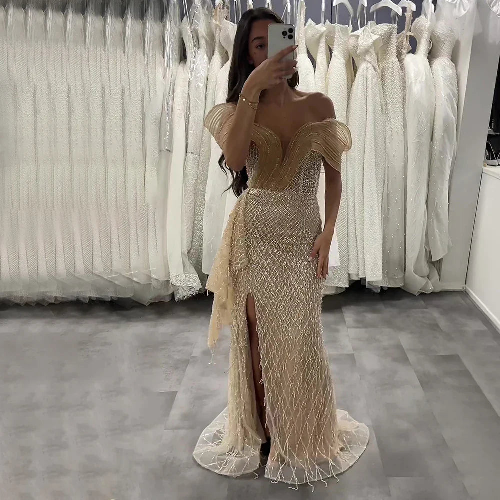 2025 Saudi Blue Beaded Off-Shoulder Mermaid Evening Gown with Side Split for Formal Occasion LA72867