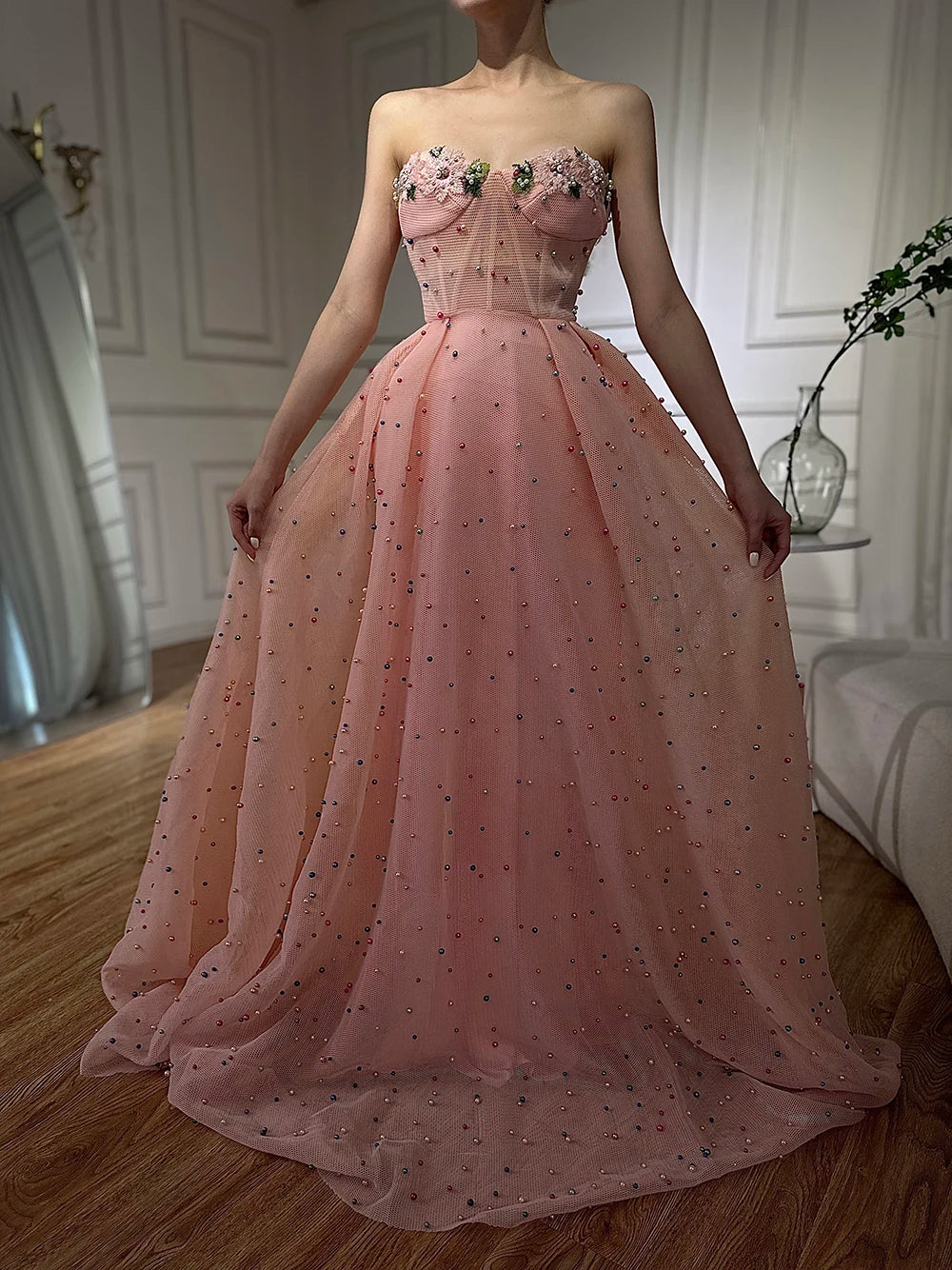 Vestido de noche de tul ilusión sin mangas con flores de colores y perlas, moda playera LA6490