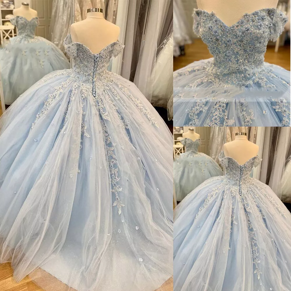 Vestido de tul azul con encaje y hombros descubiertos, vestido azul de quinceañera, vestido princesa Y2061