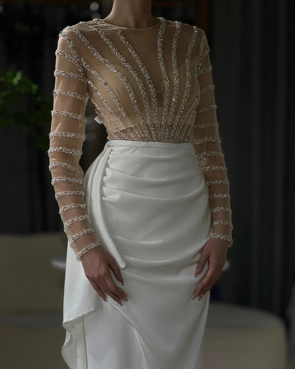 White Long Sleeves Mermaid Split Evening Dresses Design 2025 Beaded Luxury Elegant For Women Party LA71531
