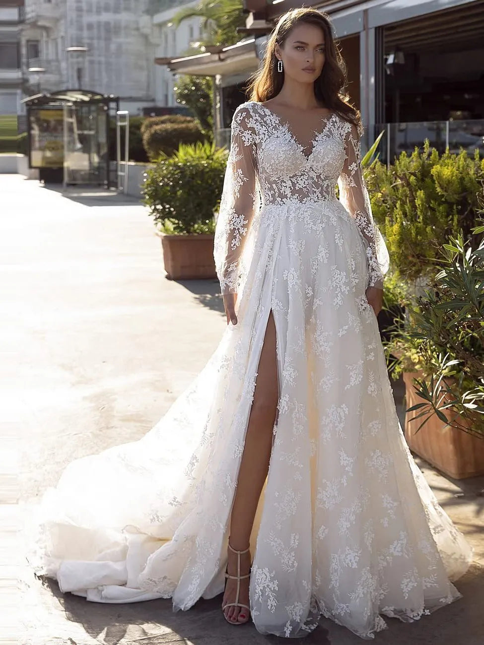 New Long Sleeves Vestidos De Novia Appliques Vestido De Noiva V-Neck Backless Wedding Dresses Lace Robe De Mariée-payinti