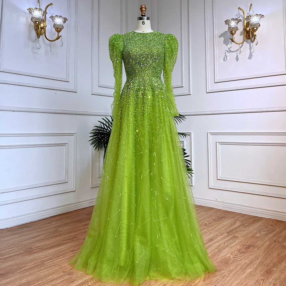 Grünes Meerjungfrauen-Abendkleid mit Perlenbesatz und Rockärmeln LA71762