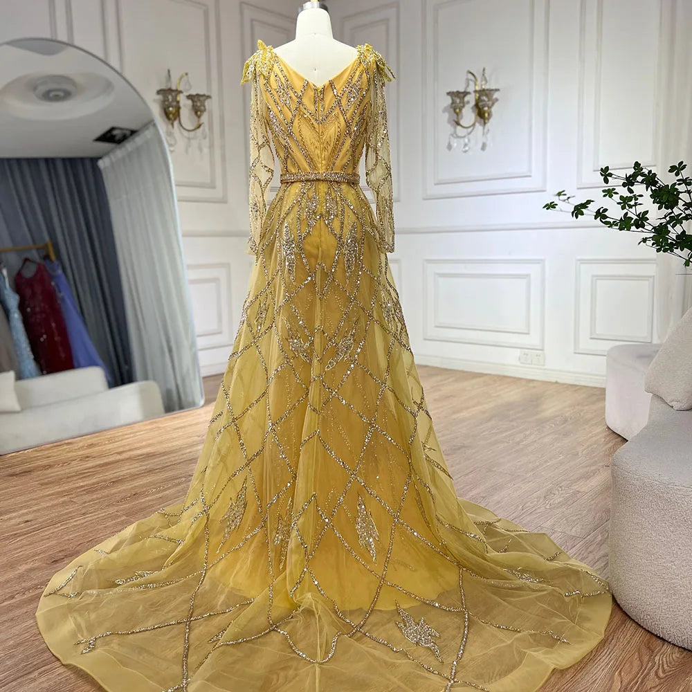 Muslim Gold Mermaid With Overskirt Beaded Luxury Dubai Evening Dresses Gowns 2025 For Women Wedding Party LA72211
