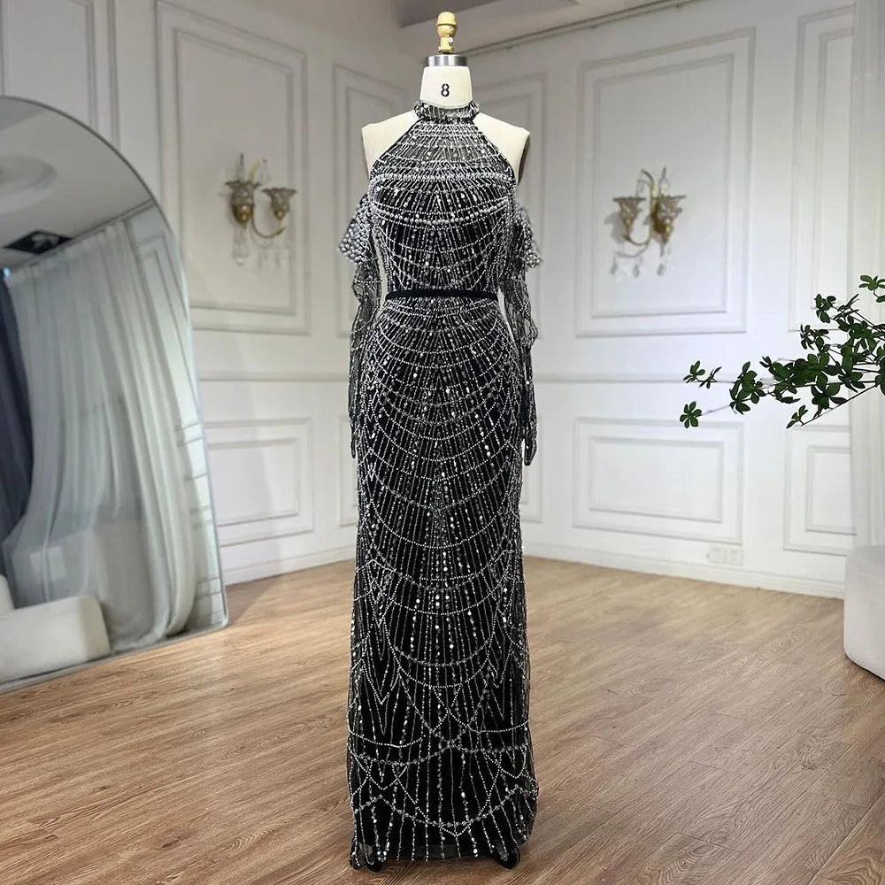 Vestidos de noche de lujo de Dubái Arabia 2025 para mujer, corte sirena color piel con guantes para bodas LA72032A