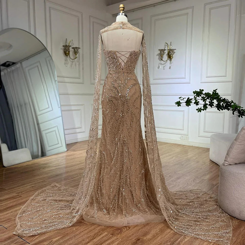 Vestidos de noche de sirena color piel con mangas capa desmontables y espalda con cordones para ocasiones formales LA72824