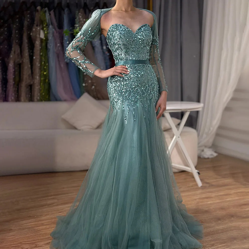 En oferta, sin devolución ni reembolso, vestido de noche árabe sexy fucsia de corte A con mangas largas y cuentas de lujo para mujer, fiesta 2025 LA71810