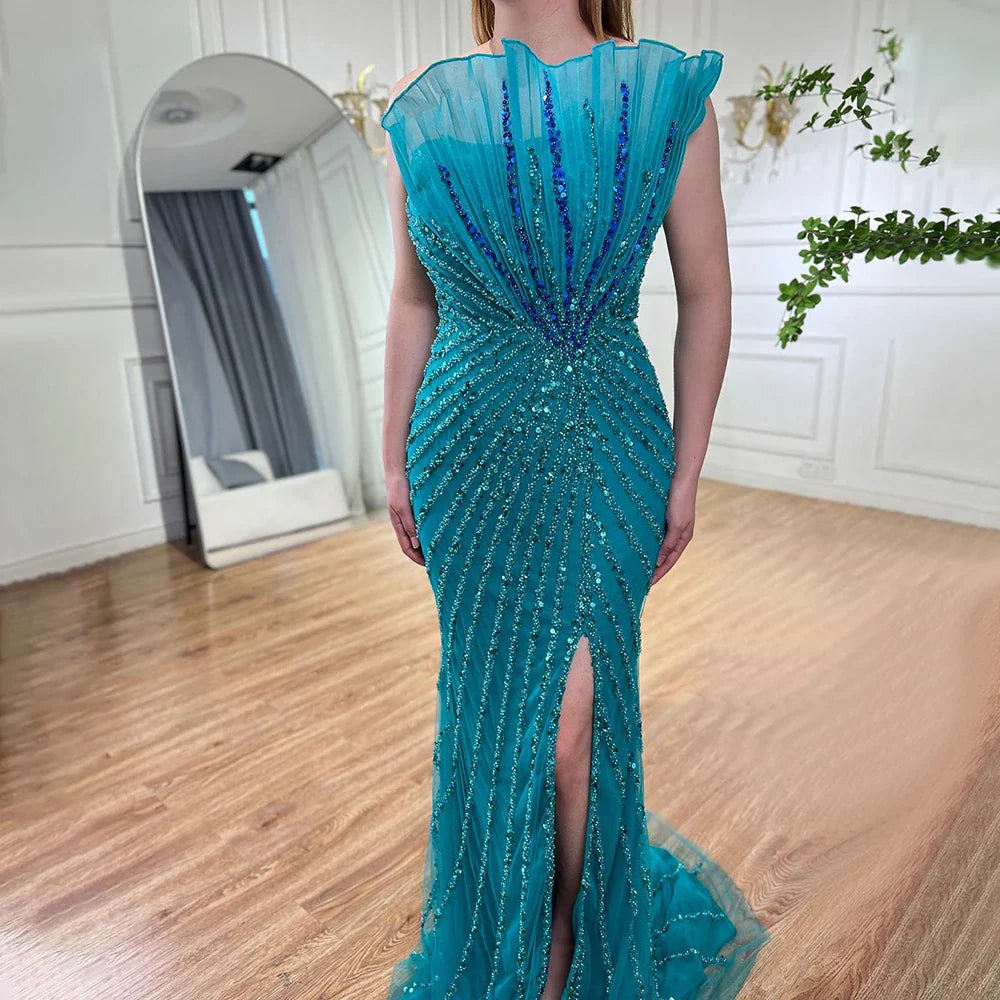 Vestido de noche de sirena con hombros descubiertos y abertura alta, sexy, color caramelo, con cuentas, para mujer, boda, fiesta, LA72049