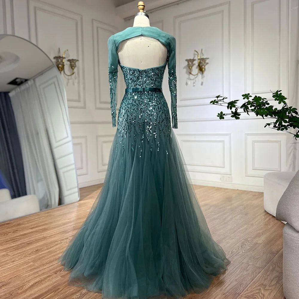 En oferta, sin devolución ni reembolso, vestido de noche árabe sexy fucsia de corte A con mangas largas y cuentas de lujo para mujer, fiesta 2025 LA71810