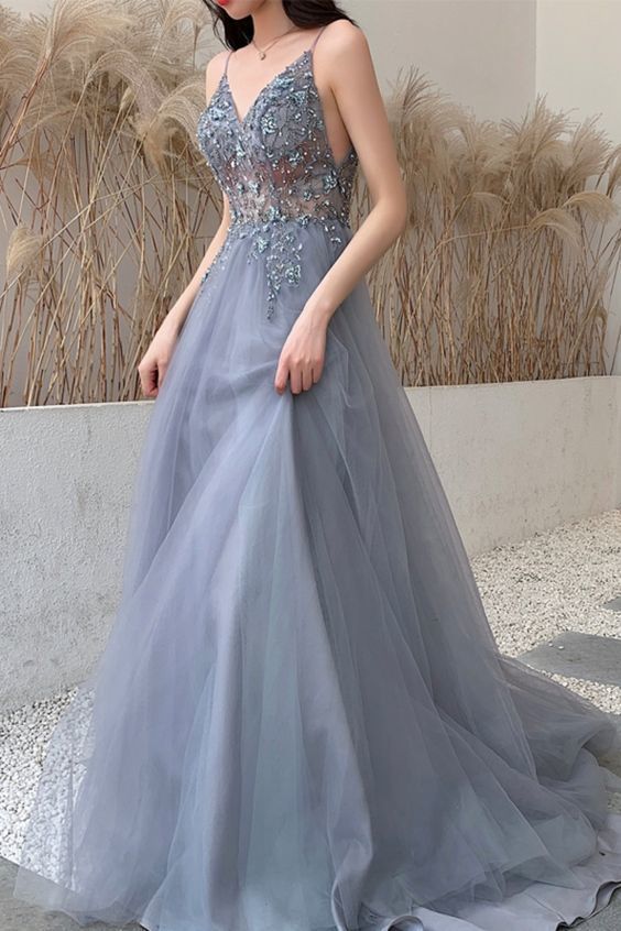 Staubig blaues langes Ballkleid mit Spaghettiträgern und perlenbesetztem Mieder, Abendkleid S7915