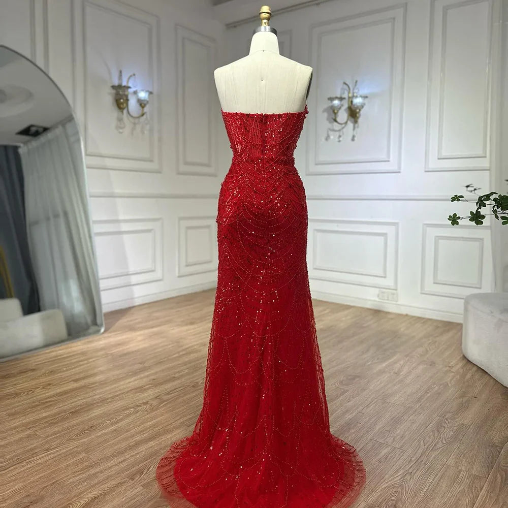 Vestido de noche largo estilo sirena con perlas y capa roja, ideal para ocasiones formales (2025, LA72585A)