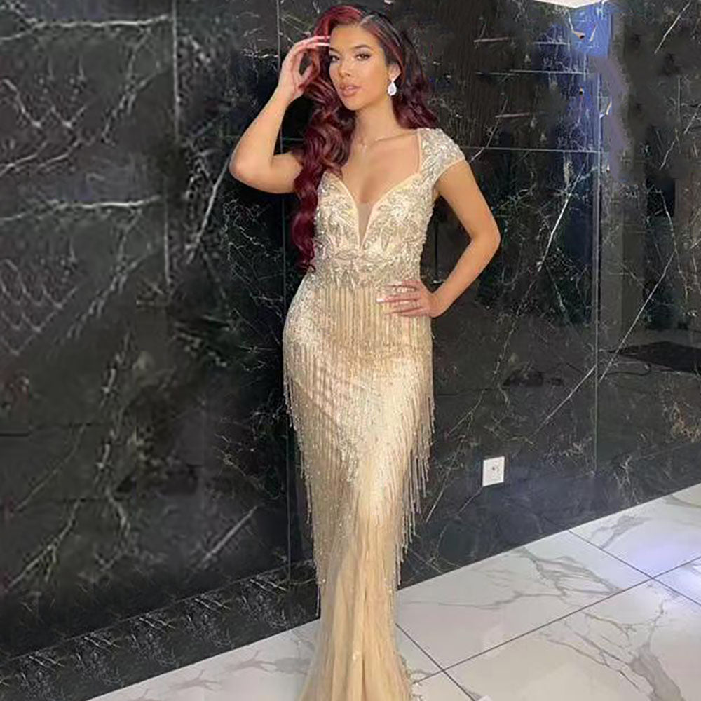 Champagne Luxe sirena Avondjurken 2025 Kralen Kwastje Elegante para fiesta Vrouwen LA70061