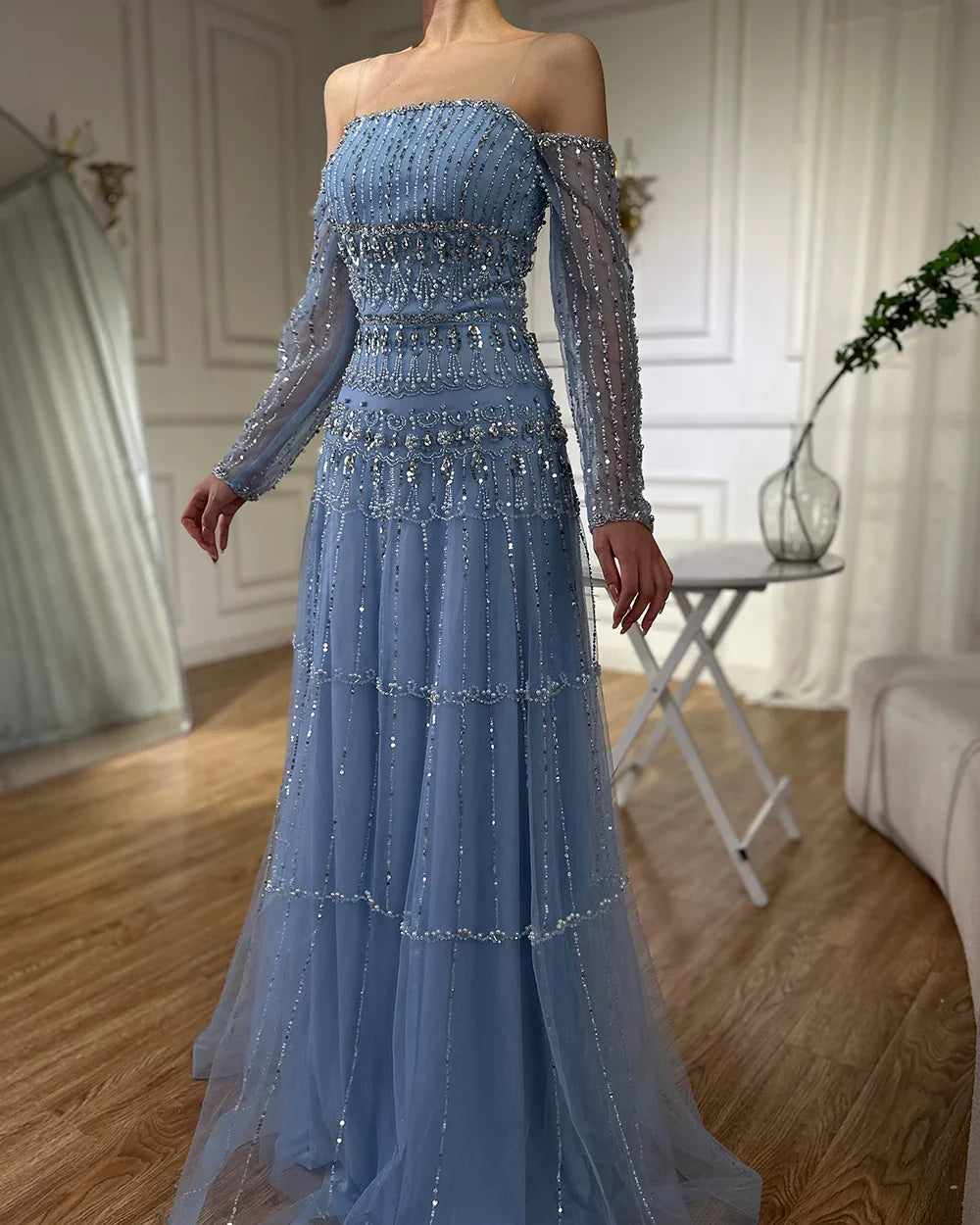Vestido de noche de lujo estilo sirena, verde salvia, árabe, de Dubái, sin tirantes y con cuentas, para mujer, para boda 2025, LA72350