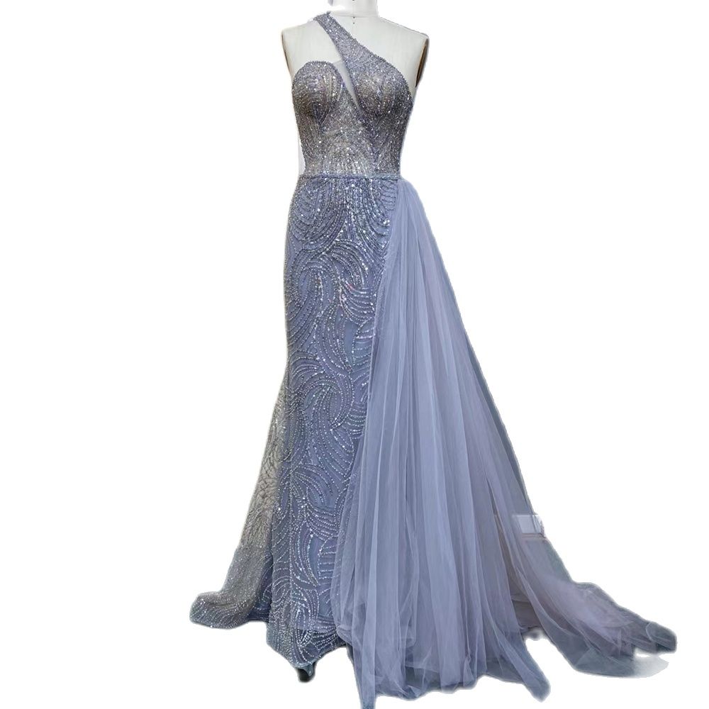 Vestido de noche elegante de sirena verde con sobrefalda, sexy, de un solo hombro, de lujo, con cuentas, para mujer, fiesta, LA71755