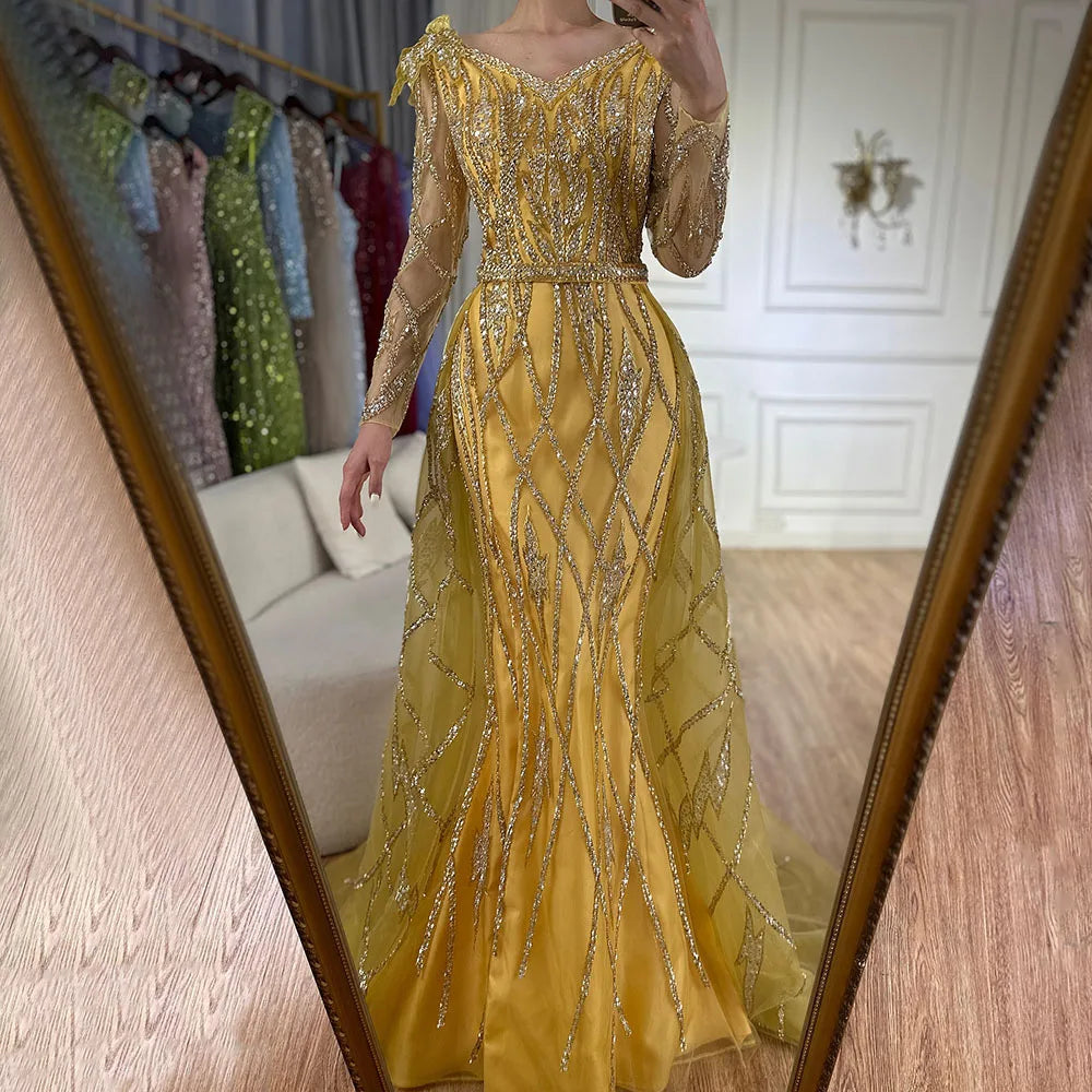 Muslim Gold Mermaid With Overskirt Beaded Luxury Dubai Evening Dresses Gowns 2025 For Women Wedding Party LA72211