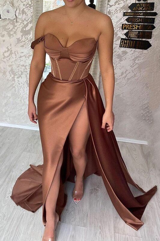 Schokolade Sweetheart Formale Abendkleider Sexy Korsett Ballkleider, Seite Split Satin Partykleid Y54