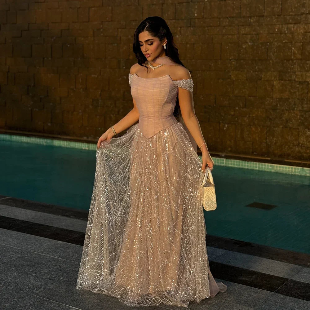 Vestido de noche de corte A con hombros descubiertos, cuentas y corsé LA72922