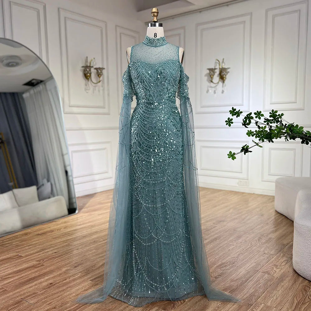 Vestido de noche árabe largo de lujo con mangas abullonadas, estilo sirena, con cuentas, color rosa de Dubái, para mujer, para fiesta de bodas LA71992A
