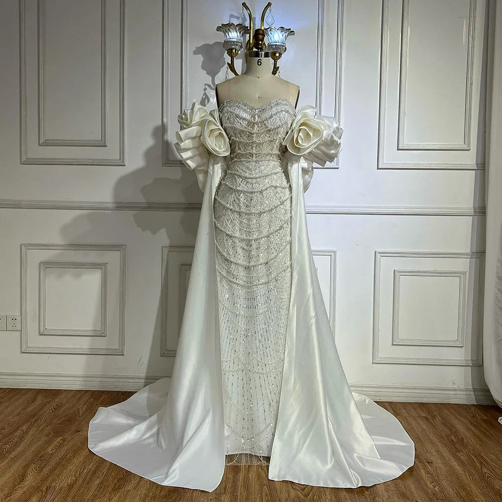 Vestido de noche largo estilo sirena con perlas y capa roja, ideal para ocasiones formales (2025, LA72585A)