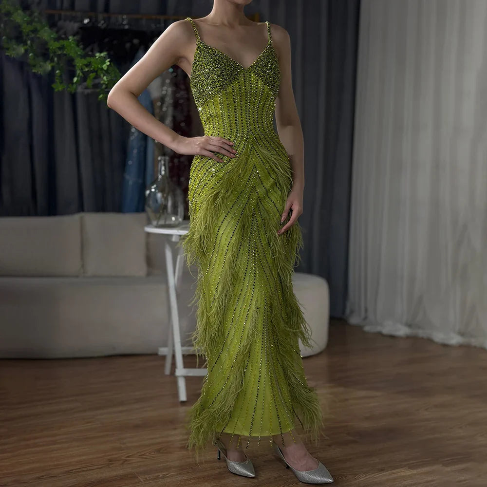 En oferta, sin devolución ni reembolso, vestido de noche de sirena con plumas de color verde amarillo, con cuentas y largo hasta el tobillo, vestidos de fiesta 2025 para mujer LA72055