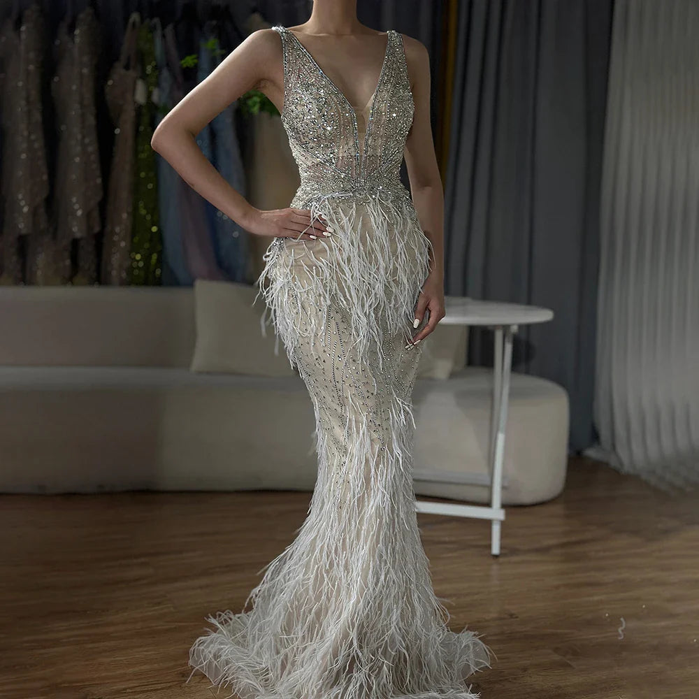Vestido de noche elegante estilo sirena azul árabe con capa y plumas de lujo estilo Dubái para mujer, vestido de fiesta LA71583B