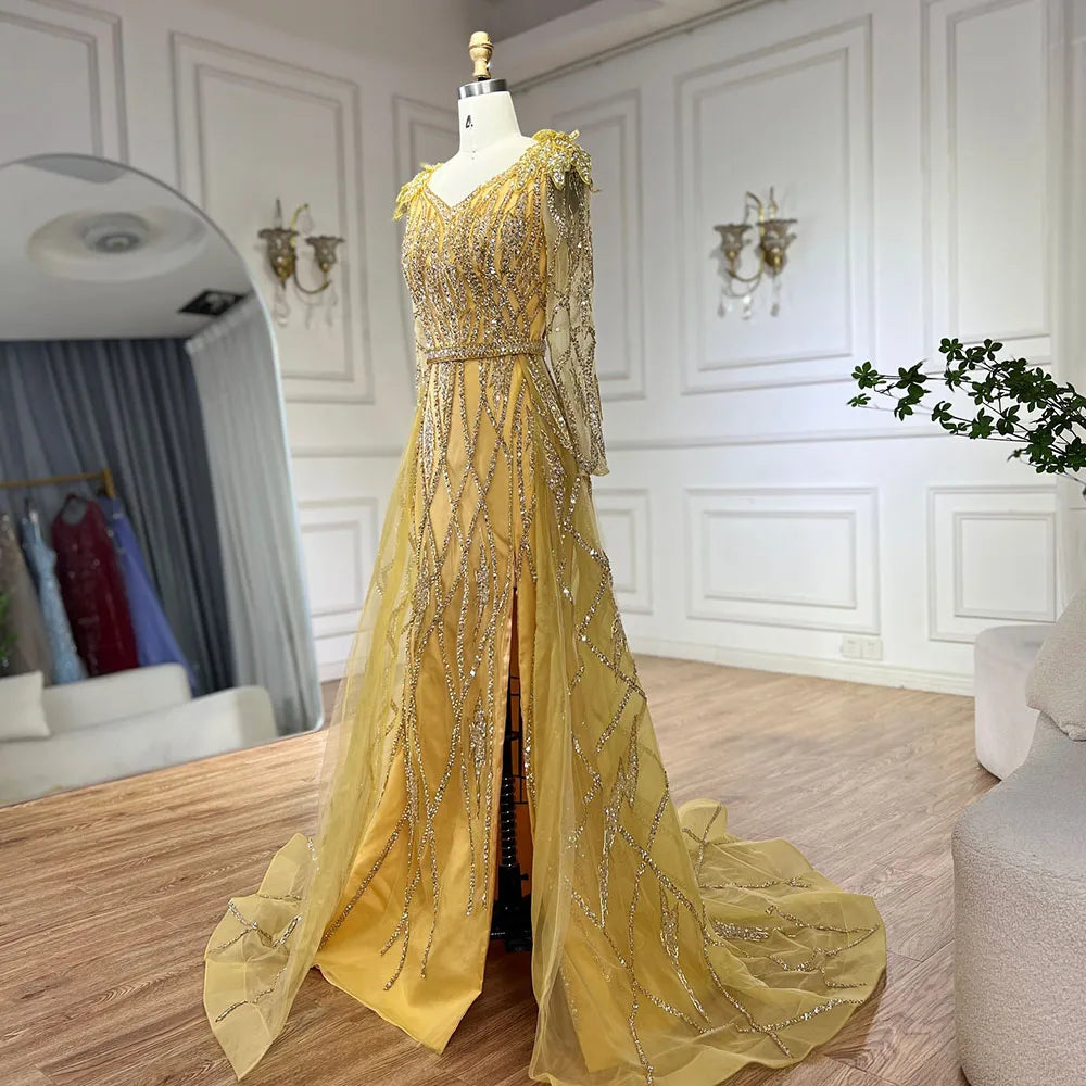 Muslim Gold Mermaid With Overskirt Beaded Luxury Dubai Evening Dresses Gowns 2025 For Women Wedding Party LA72211